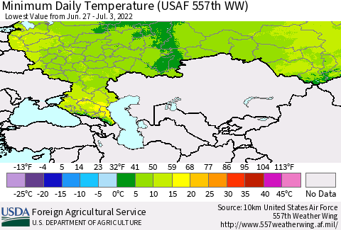 Russian Federation Minimum Daily Temperature (USAF 557th WW) Thematic Map For 6/27/2022 - 7/3/2022