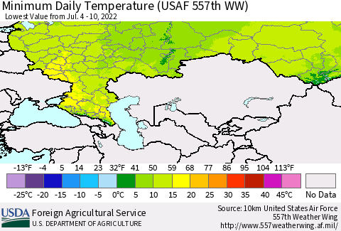 Russian Federation Minimum Daily Temperature (USAF 557th WW) Thematic Map For 7/4/2022 - 7/10/2022