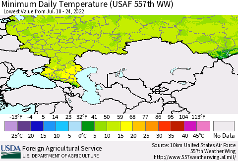Russian Federation Minimum Daily Temperature (USAF 557th WW) Thematic Map For 7/18/2022 - 7/24/2022