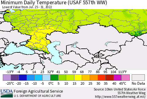 Russian Federation Minimum Daily Temperature (USAF 557th WW) Thematic Map For 7/25/2022 - 7/31/2022