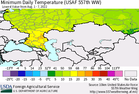 Russian Federation Minimum Daily Temperature (USAF 557th WW) Thematic Map For 8/1/2022 - 8/7/2022