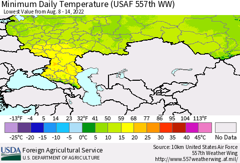 Russian Federation Minimum Daily Temperature (USAF 557th WW) Thematic Map For 8/8/2022 - 8/14/2022