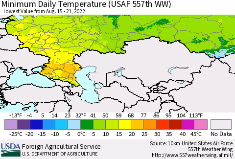 Russian Federation Minimum Daily Temperature (USAF 557th WW) Thematic Map For 8/15/2022 - 8/21/2022