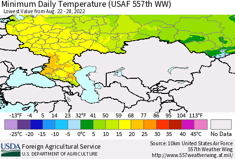Russian Federation Minimum Daily Temperature (USAF 557th WW) Thematic Map For 8/22/2022 - 8/28/2022