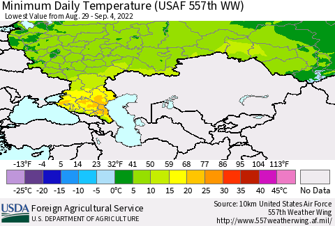 Russian Federation Minimum Daily Temperature (USAF 557th WW) Thematic Map For 8/29/2022 - 9/4/2022