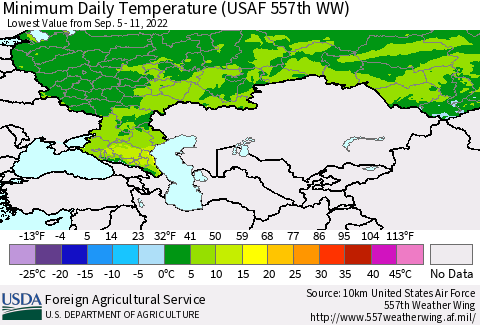 Russian Federation Minimum Daily Temperature (USAF 557th WW) Thematic Map For 9/5/2022 - 9/11/2022