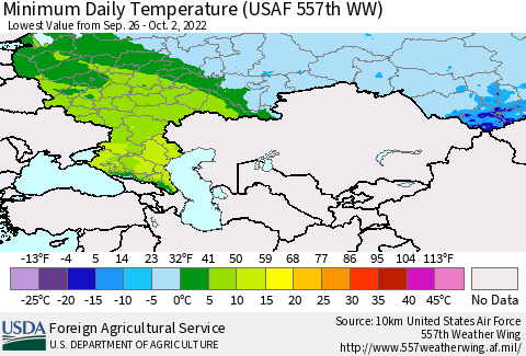 Russian Federation Minimum Daily Temperature (USAF 557th WW) Thematic Map For 9/26/2022 - 10/2/2022