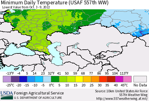 Russian Federation Minimum Daily Temperature (USAF 557th WW) Thematic Map For 10/3/2022 - 10/9/2022