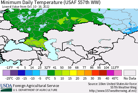 Russian Federation Minimum Daily Temperature (USAF 557th WW) Thematic Map For 10/10/2022 - 10/16/2022