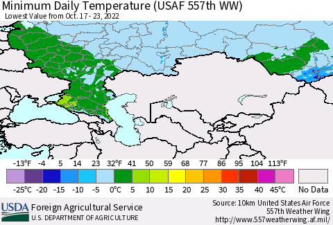 Russian Federation Minimum Daily Temperature (USAF 557th WW) Thematic Map For 10/17/2022 - 10/23/2022