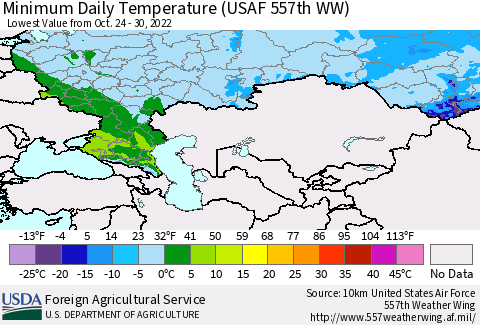 Russian Federation Minimum Daily Temperature (USAF 557th WW) Thematic Map For 10/24/2022 - 10/30/2022