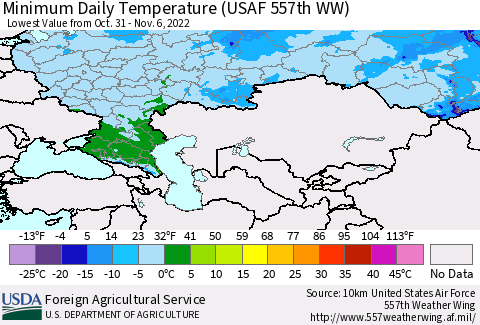 Russian Federation Minimum Daily Temperature (USAF 557th WW) Thematic Map For 10/31/2022 - 11/6/2022