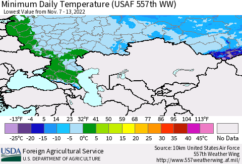 Russian Federation Minimum Daily Temperature (USAF 557th WW) Thematic Map For 11/7/2022 - 11/13/2022