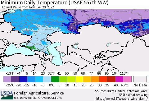 Russian Federation Minimum Daily Temperature (USAF 557th WW) Thematic Map For 11/14/2022 - 11/20/2022
