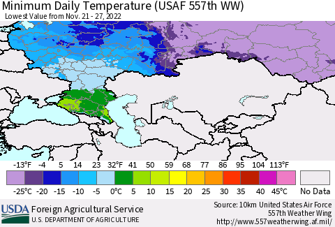 Russian Federation Minimum Daily Temperature (USAF 557th WW) Thematic Map For 11/21/2022 - 11/27/2022