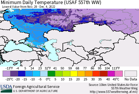 Russian Federation Minimum Daily Temperature (USAF 557th WW) Thematic Map For 11/28/2022 - 12/4/2022