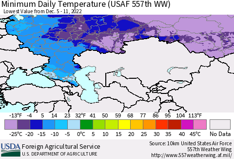 Russian Federation Minimum Daily Temperature (USAF 557th WW) Thematic Map For 12/5/2022 - 12/11/2022