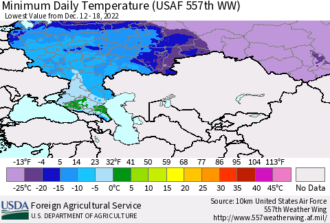 Russian Federation Minimum Daily Temperature (USAF 557th WW) Thematic Map For 12/12/2022 - 12/18/2022