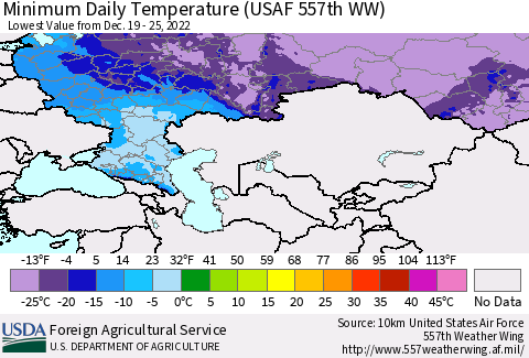 Russian Federation Minimum Daily Temperature (USAF 557th WW) Thematic Map For 12/19/2022 - 12/25/2022