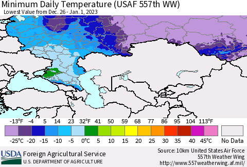 Russian Federation Minimum Daily Temperature (USAF 557th WW) Thematic Map For 12/26/2022 - 1/1/2023