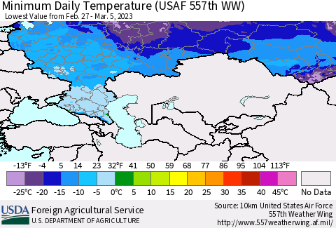 Russian Federation Minimum Daily Temperature (USAF 557th WW) Thematic Map For 2/27/2023 - 3/5/2023