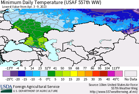 Russian Federation Minimum Daily Temperature (USAF 557th WW) Thematic Map For 4/3/2023 - 4/9/2023