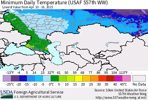 Russian Federation Minimum Daily Temperature (USAF 557th WW) Thematic Map For 4/10/2023 - 4/16/2023