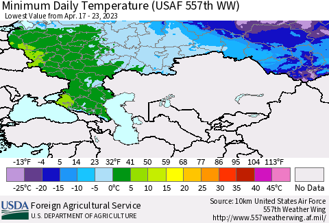 Russian Federation Minimum Daily Temperature (USAF 557th WW) Thematic Map For 4/17/2023 - 4/23/2023