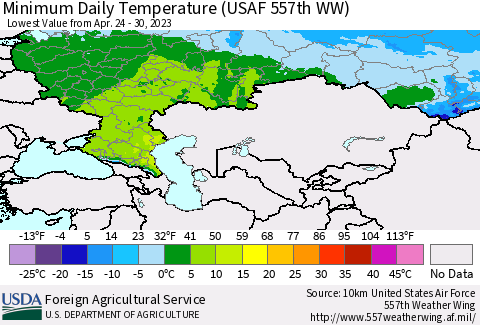 Russian Federation Minimum Daily Temperature (USAF 557th WW) Thematic Map For 4/24/2023 - 4/30/2023