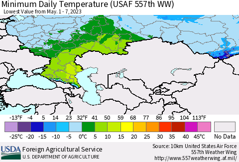 Russian Federation Minimum Daily Temperature (USAF 557th WW) Thematic Map For 5/1/2023 - 5/7/2023