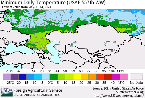 Russian Federation Minimum Daily Temperature (USAF 557th WW) Thematic Map For 5/8/2023 - 5/14/2023