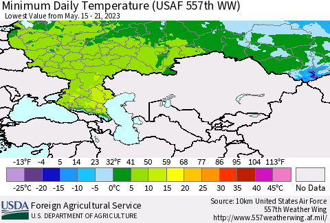 Russian Federation Minimum Daily Temperature (USAF 557th WW) Thematic Map For 5/15/2023 - 5/21/2023