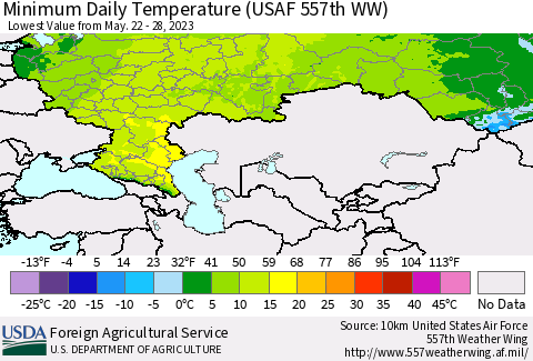 Russian Federation Minimum Daily Temperature (USAF 557th WW) Thematic Map For 5/22/2023 - 5/28/2023