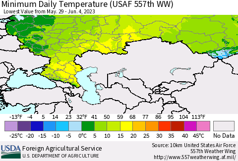 Russian Federation Minimum Daily Temperature (USAF 557th WW) Thematic Map For 5/29/2023 - 6/4/2023