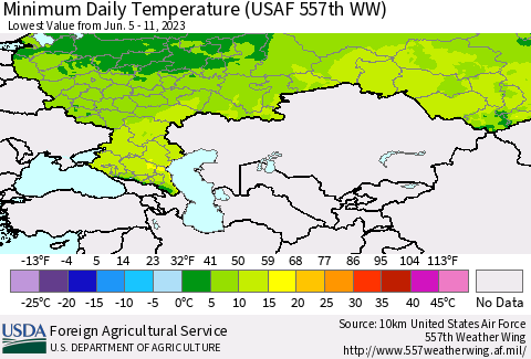 Russian Federation Minimum Daily Temperature (USAF 557th WW) Thematic Map For 6/5/2023 - 6/11/2023