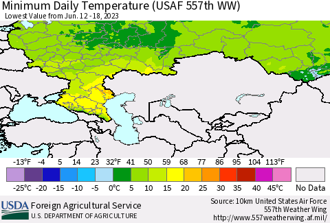 Russian Federation Minimum Daily Temperature (USAF 557th WW) Thematic Map For 6/12/2023 - 6/18/2023