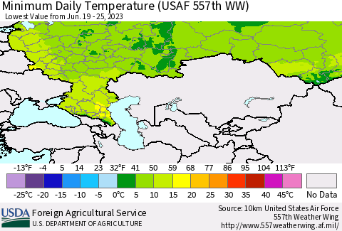 Russian Federation Minimum Daily Temperature (USAF 557th WW) Thematic Map For 6/19/2023 - 6/25/2023