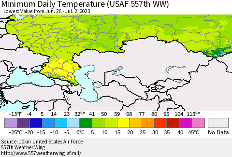 Russian Federation Minimum Daily Temperature (USAF 557th WW) Thematic Map For 6/26/2023 - 7/2/2023