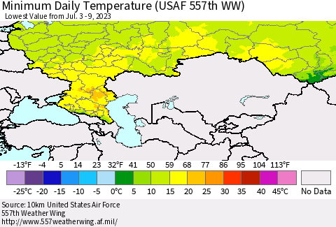 Russian Federation Minimum Daily Temperature (USAF 557th WW) Thematic Map For 7/3/2023 - 7/9/2023