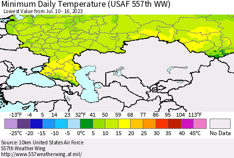 Russian Federation Minimum Daily Temperature (USAF 557th WW) Thematic Map For 7/10/2023 - 7/16/2023
