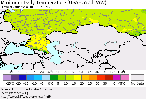 Russian Federation Minimum Daily Temperature (USAF 557th WW) Thematic Map For 7/17/2023 - 7/23/2023