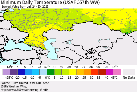 Russian Federation Minimum Daily Temperature (USAF 557th WW) Thematic Map For 7/24/2023 - 7/30/2023