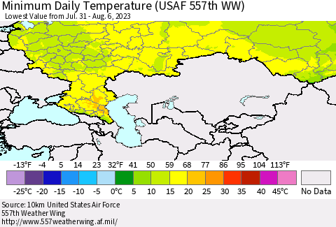 Russian Federation Minimum Daily Temperature (USAF 557th WW) Thematic Map For 7/31/2023 - 8/6/2023