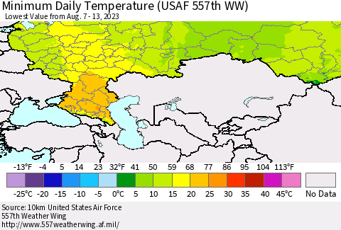 Russian Federation Minimum Daily Temperature (USAF 557th WW) Thematic Map For 8/7/2023 - 8/13/2023
