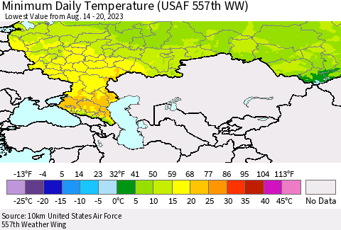 Russian Federation Minimum Daily Temperature (USAF 557th WW) Thematic Map For 8/14/2023 - 8/20/2023