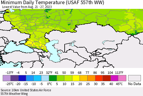 Russian Federation Minimum Daily Temperature (USAF 557th WW) Thematic Map For 8/21/2023 - 8/27/2023