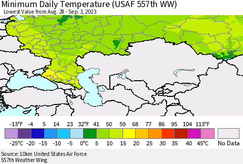Russian Federation Minimum Daily Temperature (USAF 557th WW) Thematic Map For 8/28/2023 - 9/3/2023