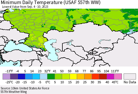 Russian Federation Minimum Daily Temperature (USAF 557th WW) Thematic Map For 9/4/2023 - 9/10/2023