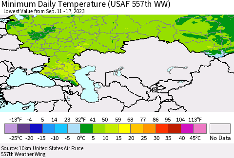 Russian Federation Minimum Daily Temperature (USAF 557th WW) Thematic Map For 9/11/2023 - 9/17/2023
