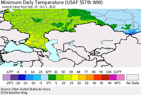 Russian Federation Minimum Daily Temperature (USAF 557th WW) Thematic Map For 9/25/2023 - 10/1/2023